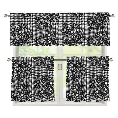Black And White Floral Glen Plaid Print 3 Piece Kitchen Curtains