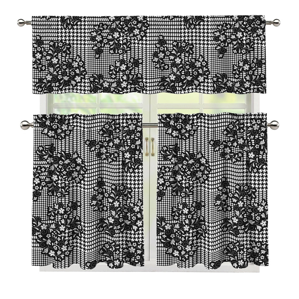 Black And White Floral Glen Plaid Print 3 Piece Kitchen Curtains