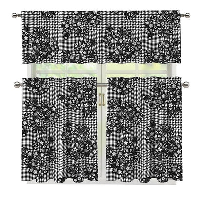 Black And White Floral Glen Plaid Print 3 Piece Kitchen Curtains