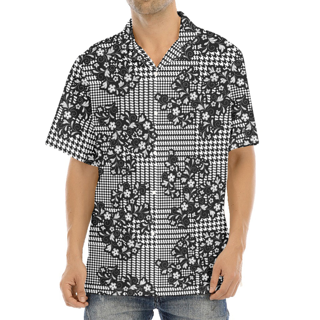 Black And White Floral Glen Plaid Print Aloha Shirt