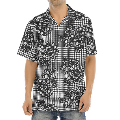 Black And White Floral Glen Plaid Print Aloha Shirt