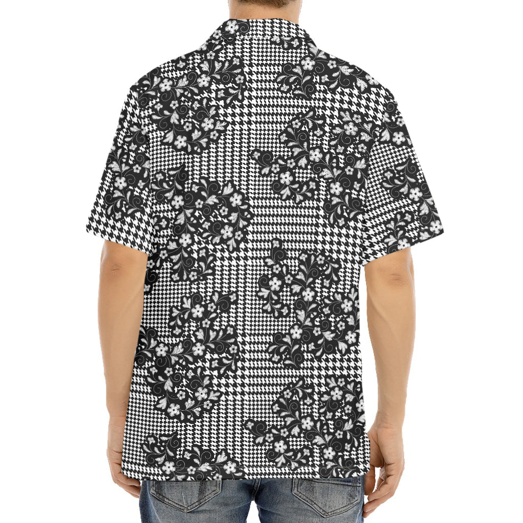 Black And White Floral Glen Plaid Print Aloha Shirt