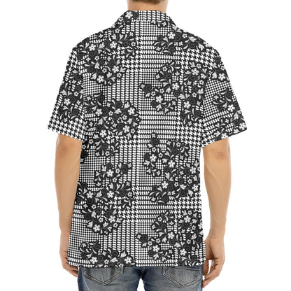 Black And White Floral Glen Plaid Print Aloha Shirt