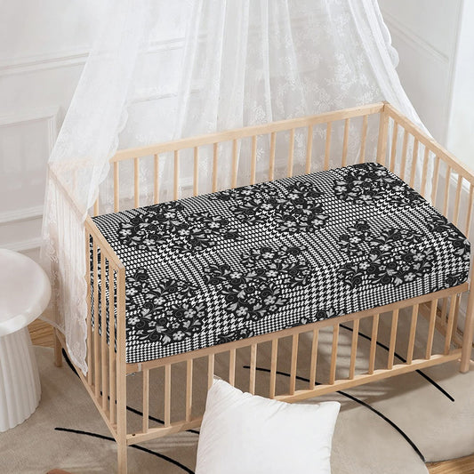 Black And White Floral Glen Plaid Print Baby Crib Sheet