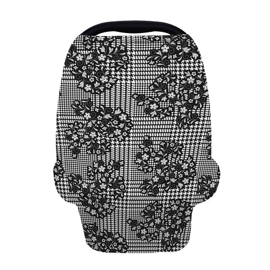Black And White Floral Glen Plaid Print Baby Seat Cover