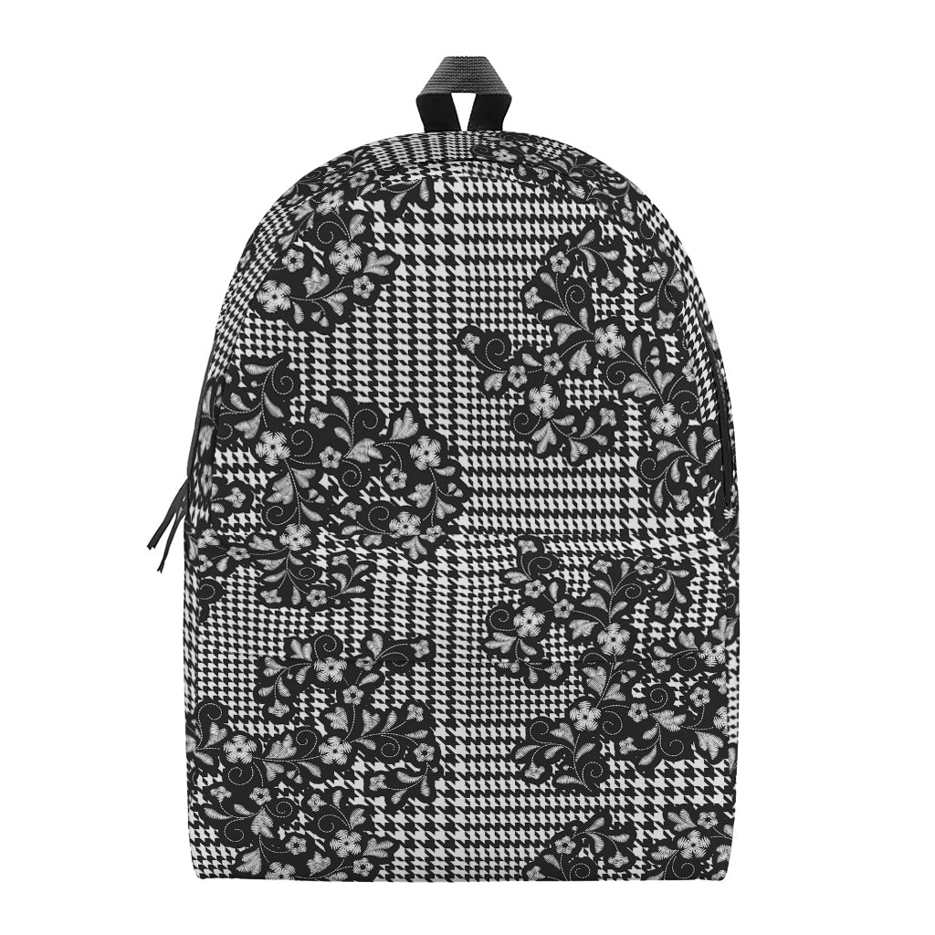 Black And White Floral Glen Plaid Print Backpack