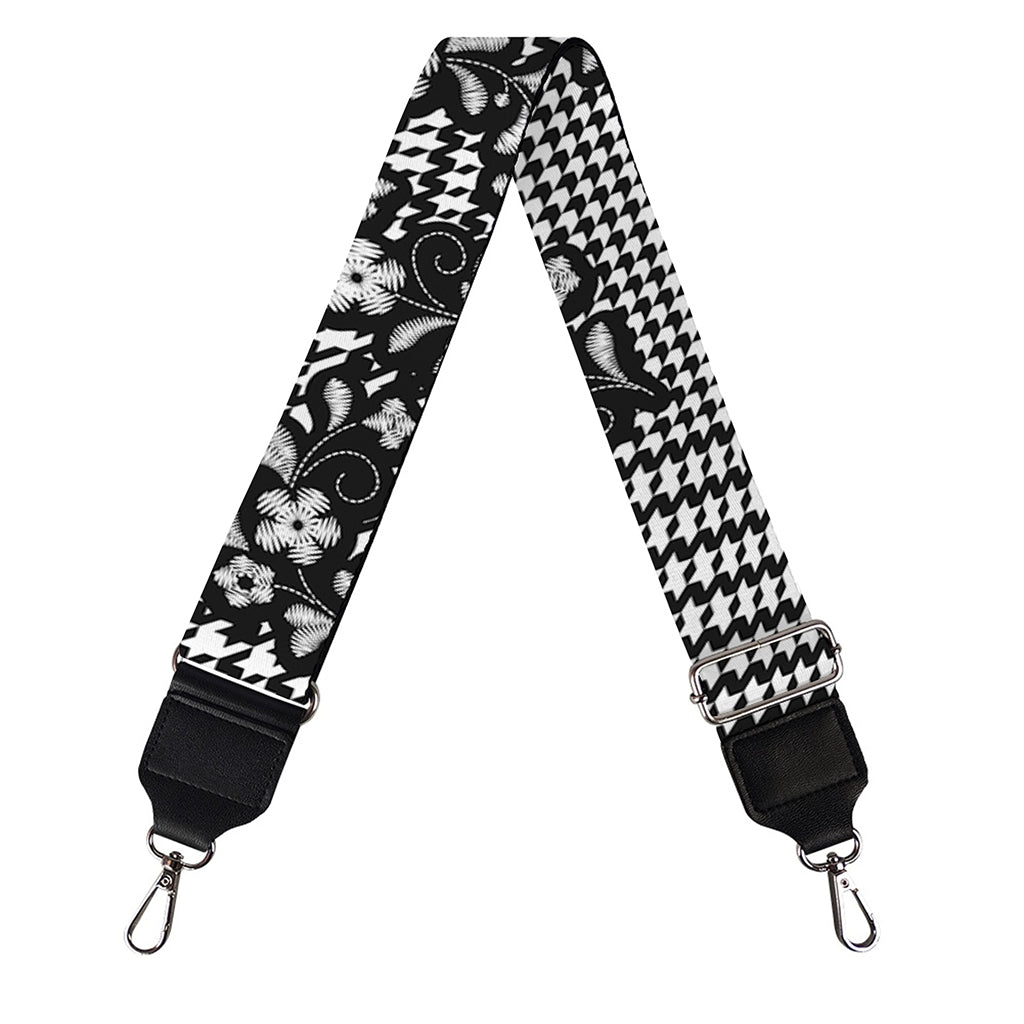 Black And White Floral Glen Plaid Print Bag Strap