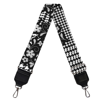 Black And White Floral Glen Plaid Print Bag Strap