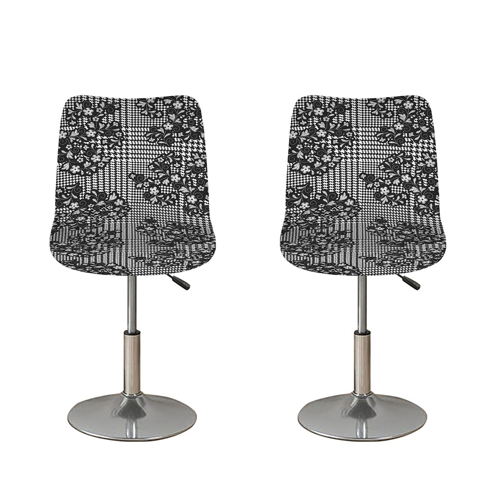 Black And White Floral Glen Plaid Print Bar Stool Covers