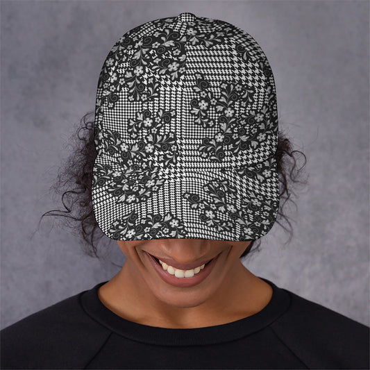 Black And White Floral Glen Plaid Print Baseball Cap