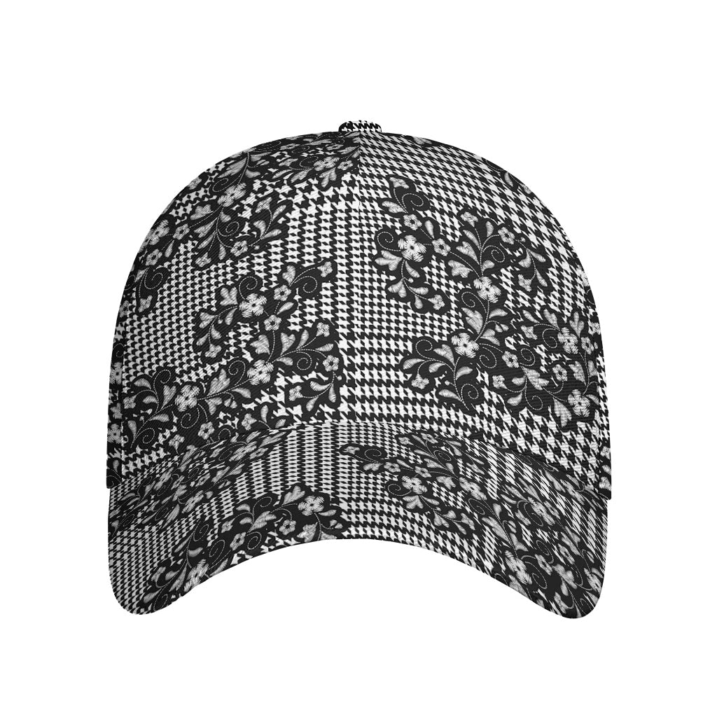 Black And White Floral Glen Plaid Print Baseball Cap