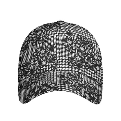 Black And White Floral Glen Plaid Print Baseball Cap