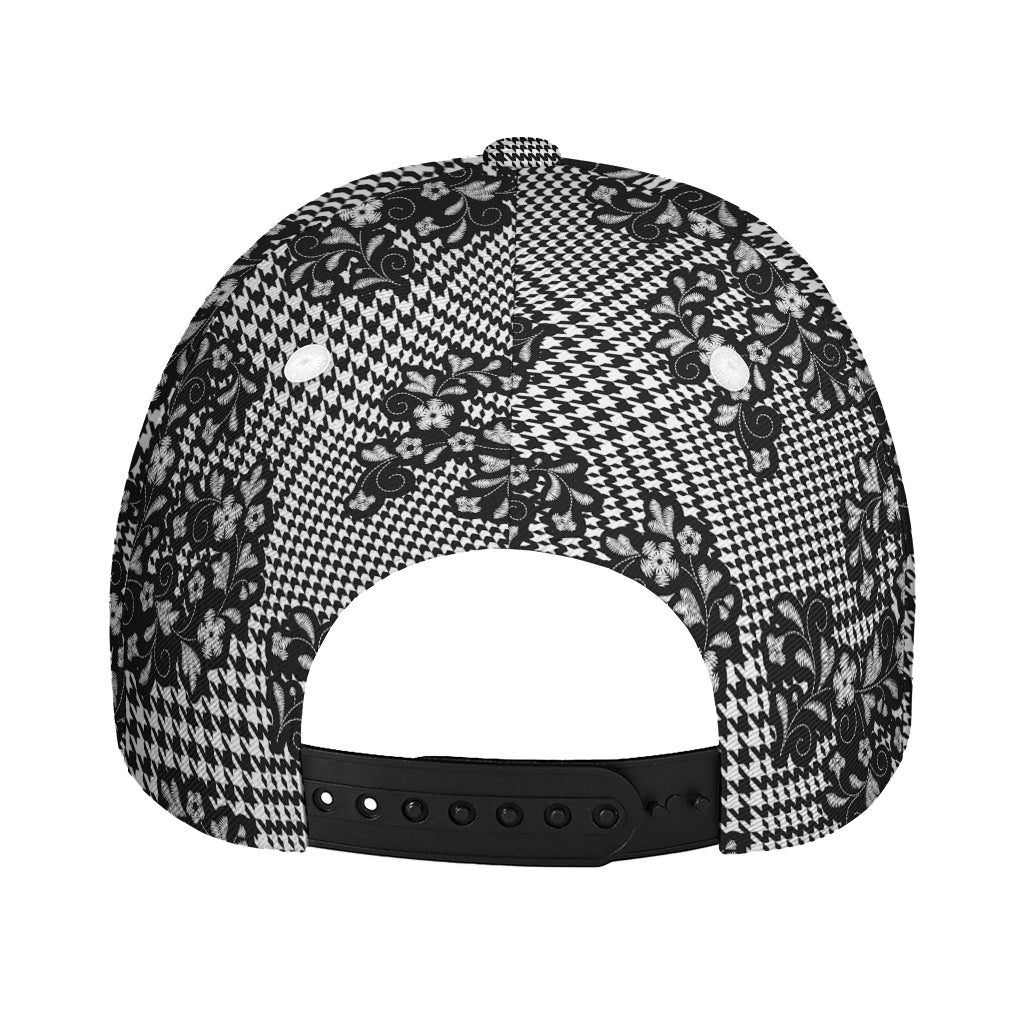 Black And White Floral Glen Plaid Print Baseball Cap