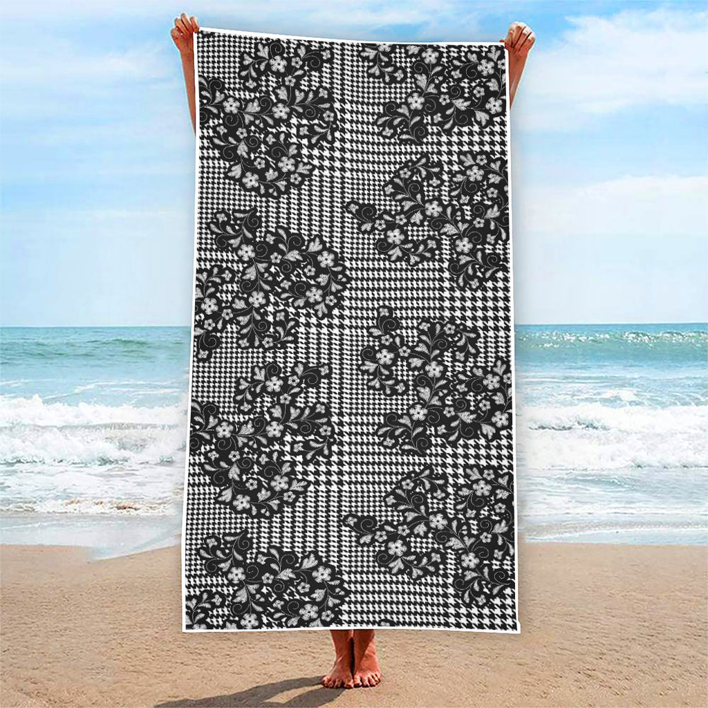 Black And White Floral Glen Plaid Print Beach Towel