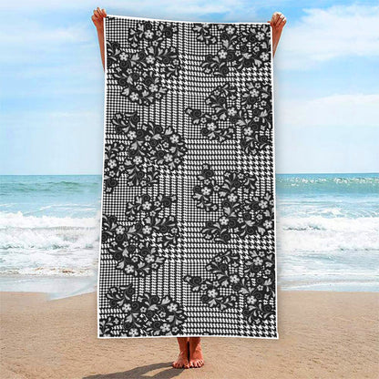 Black And White Floral Glen Plaid Print Beach Towel