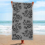 Black And White Floral Glen Plaid Print Beach Towel