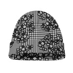 Black And White Floral Glen Plaid Print Beanie
