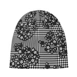 Black And White Floral Glen Plaid Print Beanie