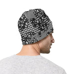Black And White Floral Glen Plaid Print Beanie