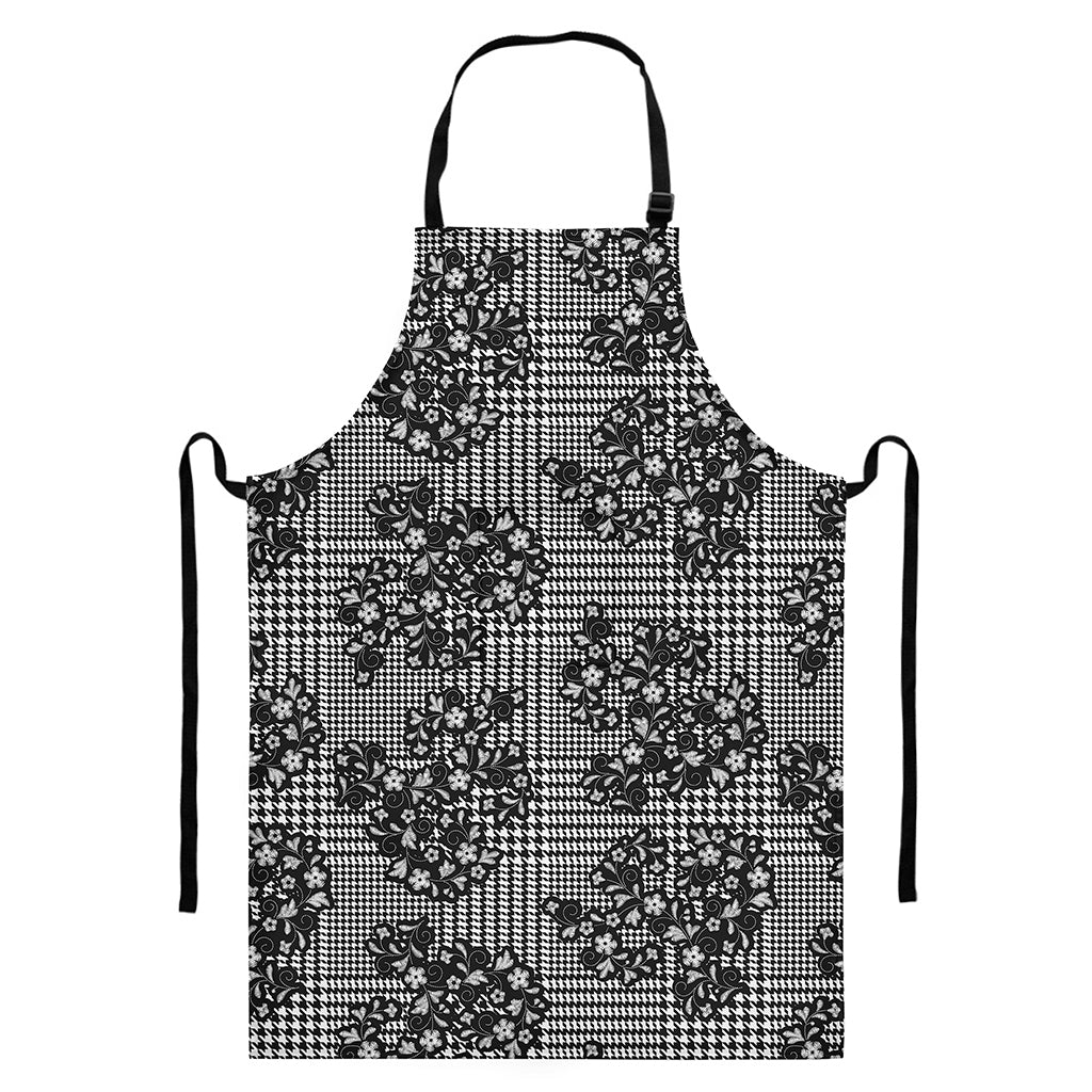 Black And White Floral Glen Plaid Print Bib Apron With Pocket