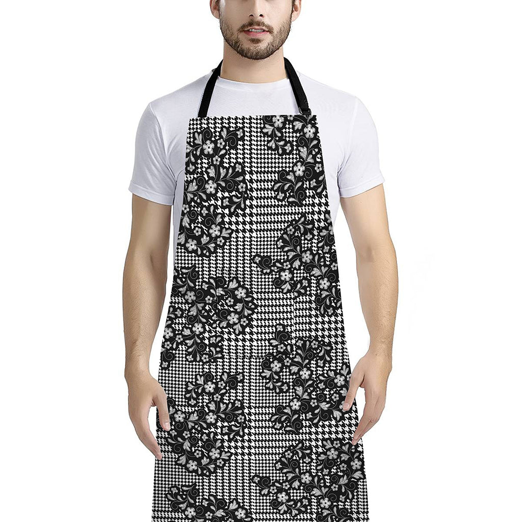 Black And White Floral Glen Plaid Print Bib Apron With Pocket