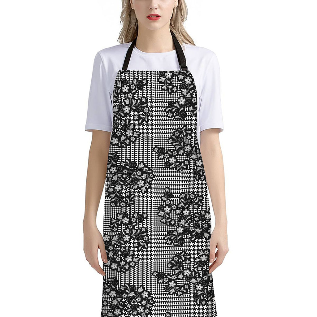 Black And White Floral Glen Plaid Print Bib Apron With Pocket