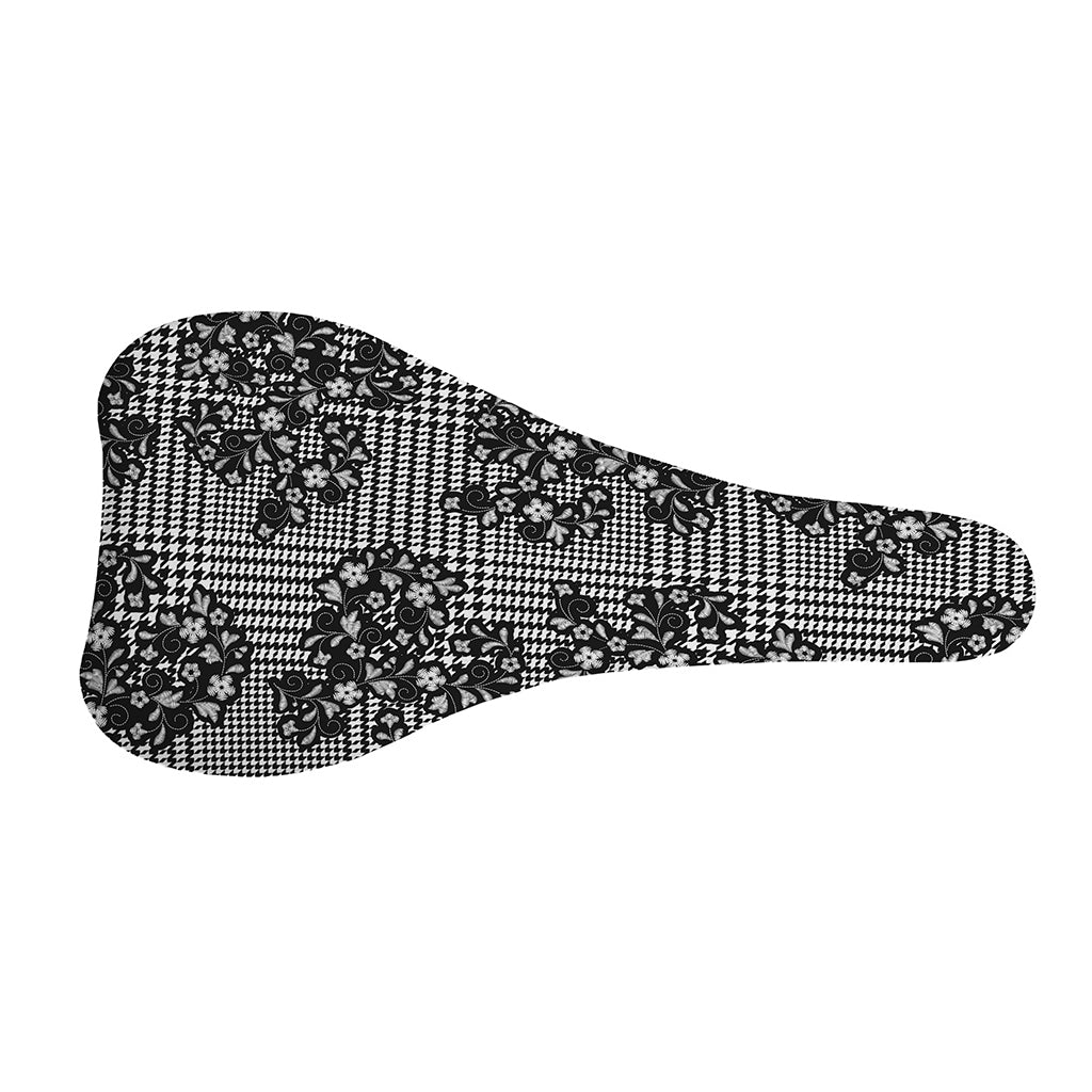Black And White Floral Glen Plaid Print Bicycle Seat Cover