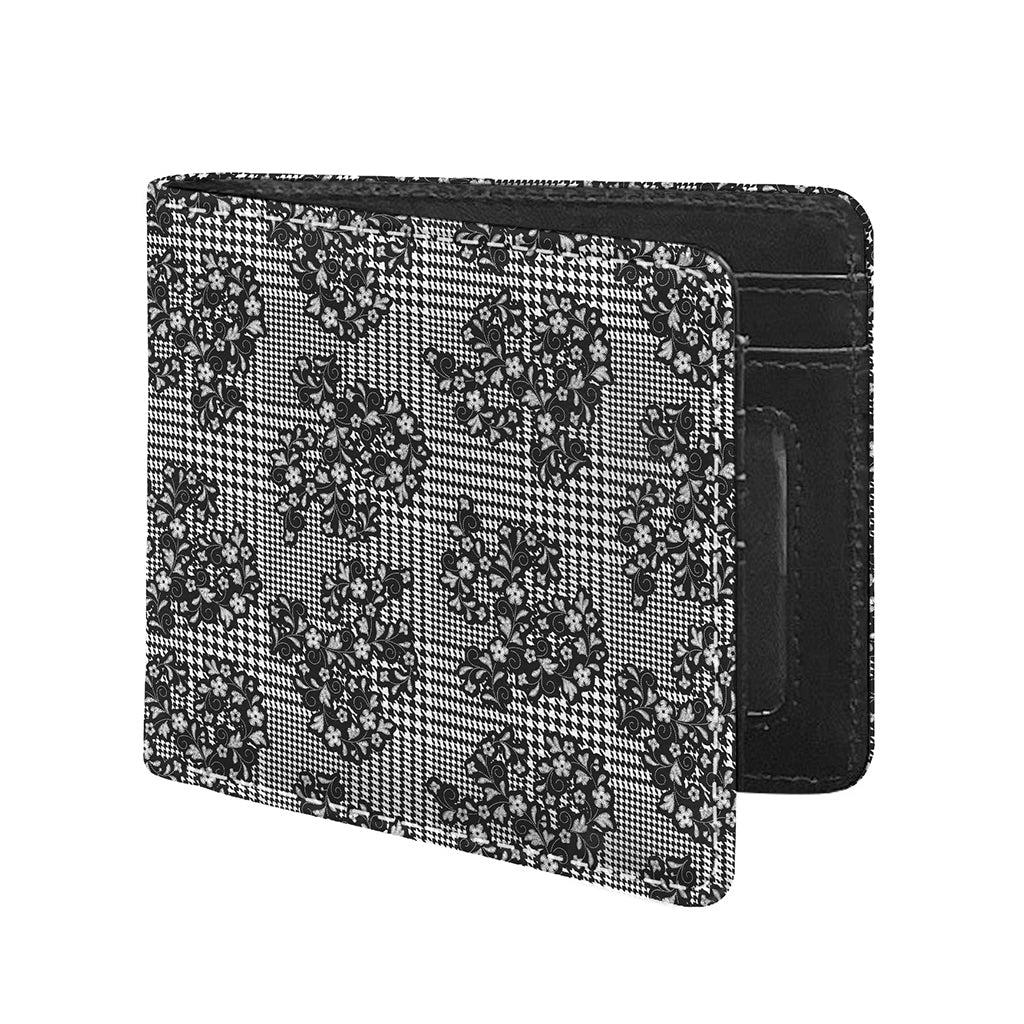 Black And White Floral Glen Plaid Print Bifold Wallet