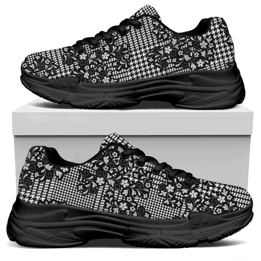 Black And White Floral Glen Plaid Print Black Chunky Shoes