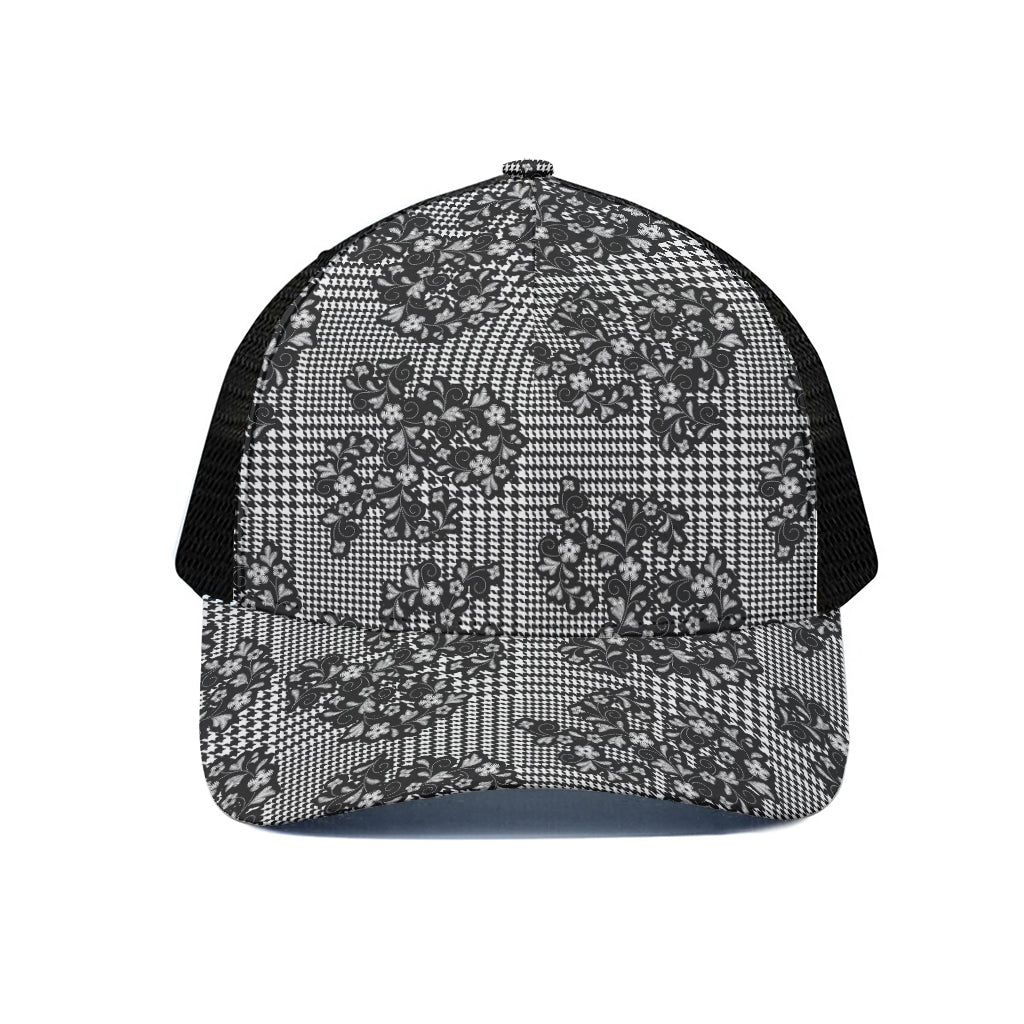 Black And White Floral Glen Plaid Print Black Mesh Trucker Cap