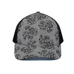 Black And White Floral Glen Plaid Print Black Mesh Trucker Cap