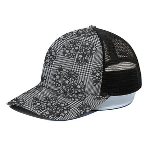 Black And White Floral Glen Plaid Print Black Mesh Trucker Cap