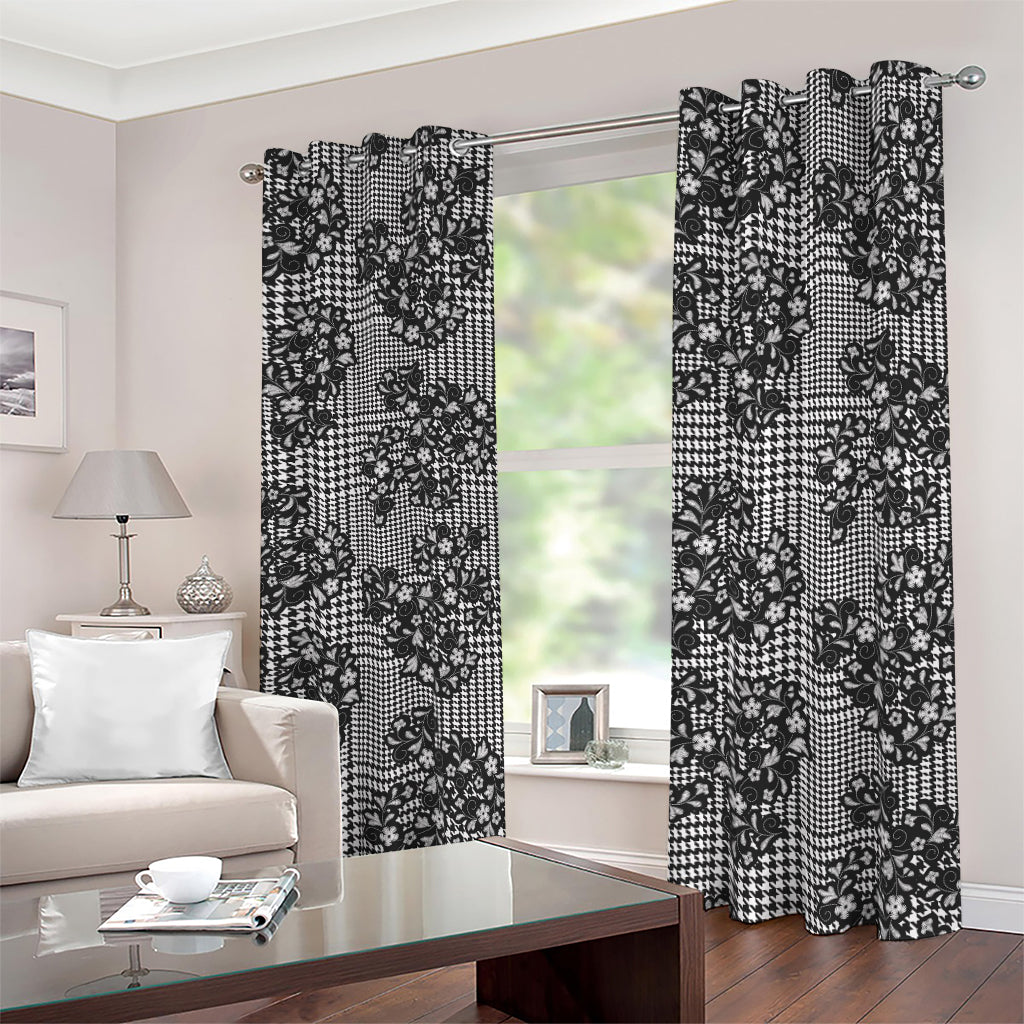 Black And White Floral Glen Plaid Print Blackout Grommet Curtains