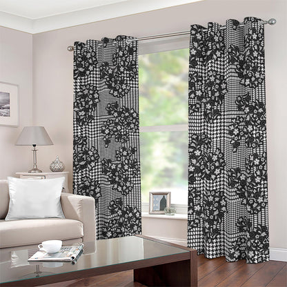 Black And White Floral Glen Plaid Print Blackout Grommet Curtains