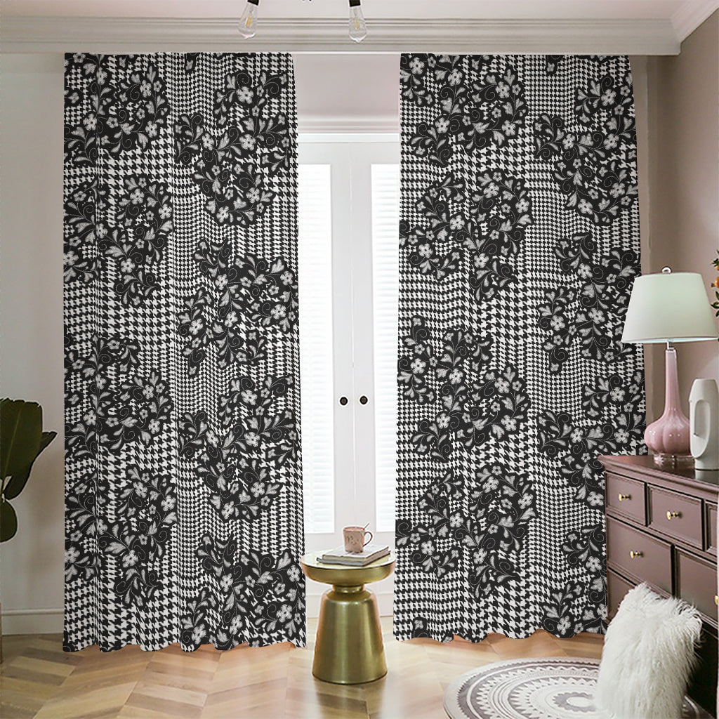 Black And White Floral Glen Plaid Print Blackout Pencil Pleat Curtains