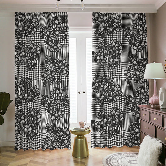 Black And White Floral Glen Plaid Print Blackout Pencil Pleat Curtains