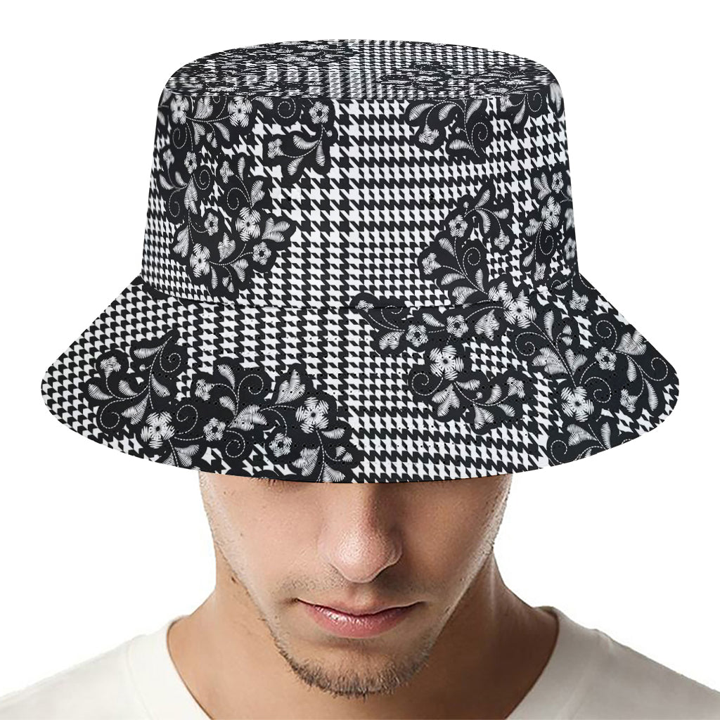 Black And White Floral Glen Plaid Print Bucket Hat