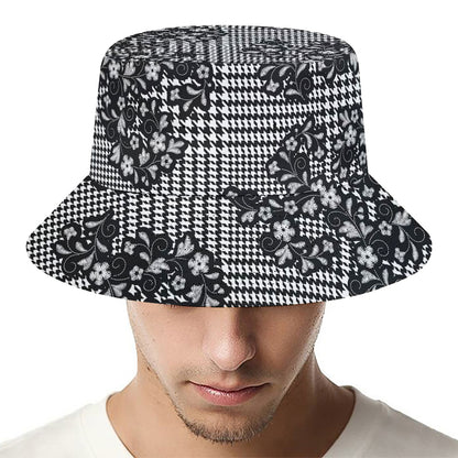 Black And White Floral Glen Plaid Print Bucket Hat