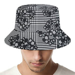 Black And White Floral Glen Plaid Print Bucket Hat