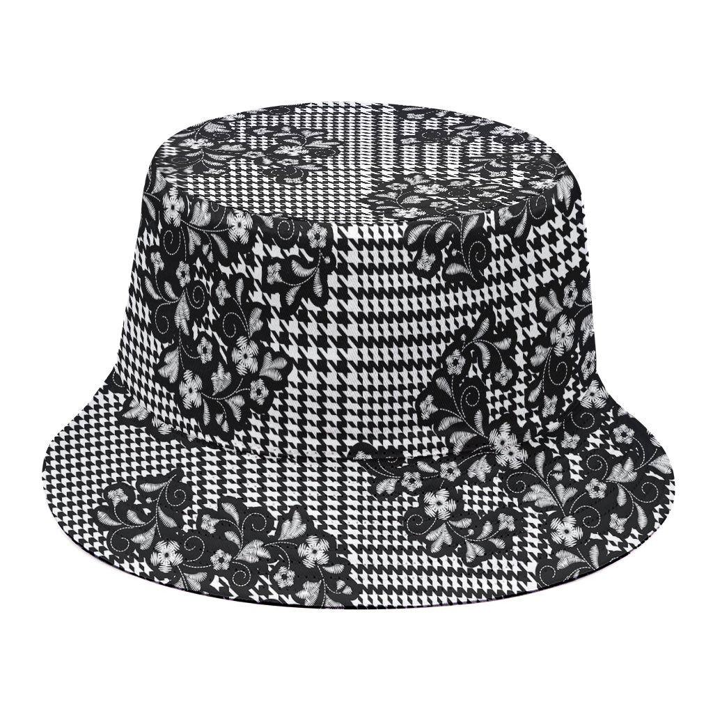 Black And White Floral Glen Plaid Print Bucket Hat