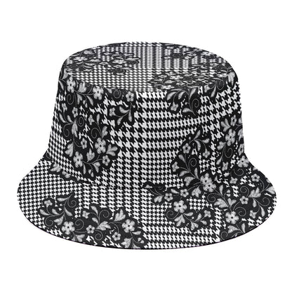 Black And White Floral Glen Plaid Print Bucket Hat