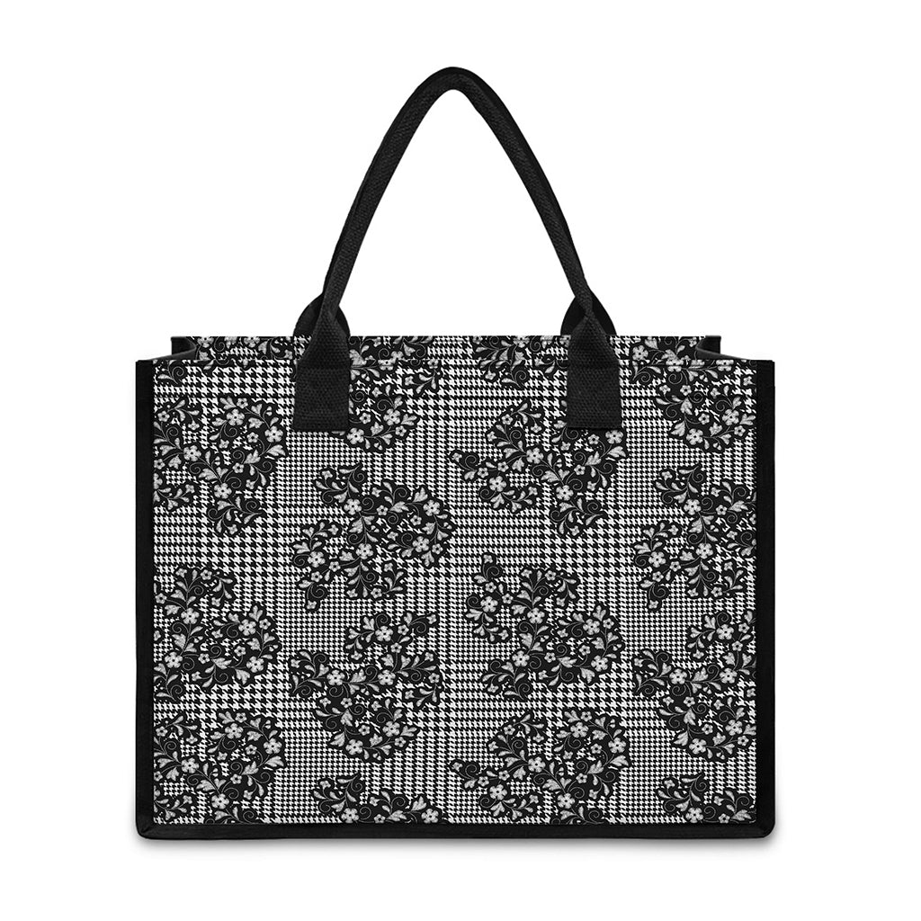 Black And White Floral Glen Plaid Print Canvas Tote Bag