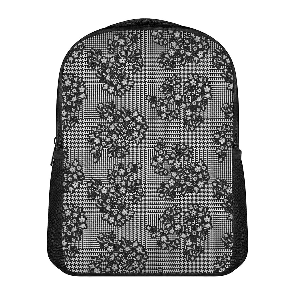 Black And White Floral Glen Plaid Print Casual Backpack