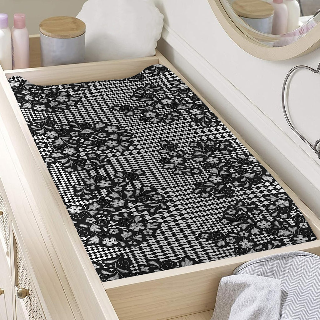 Black And White Floral Glen Plaid Print Changing Pad Cover