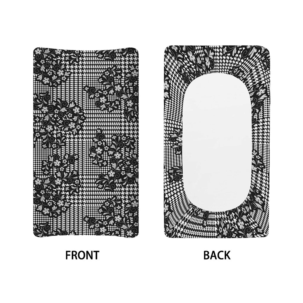 Black And White Floral Glen Plaid Print Changing Pad Cover