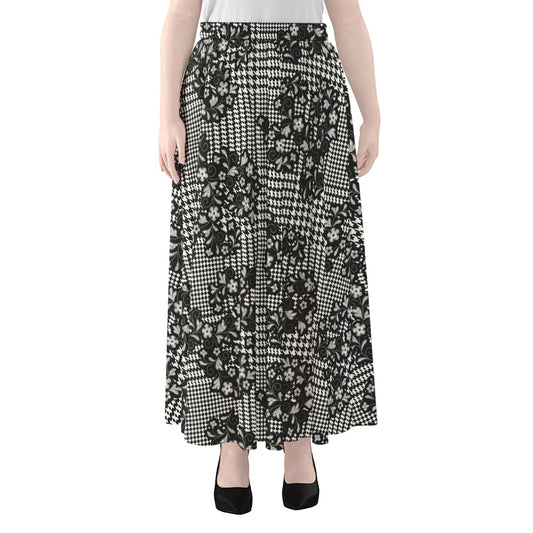 Black And White Floral Glen Plaid Print Chiffon Maxi Skirt