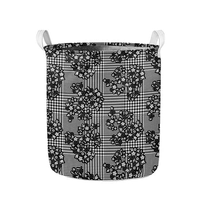 Black And White Floral Glen Plaid Print Collapsible Laundry Basket