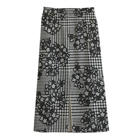 Black And White Floral Glen Plaid Print Cotton Front Slit Maxi Skirt