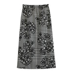 Black And White Floral Glen Plaid Print Cotton Front Slit Maxi Skirt