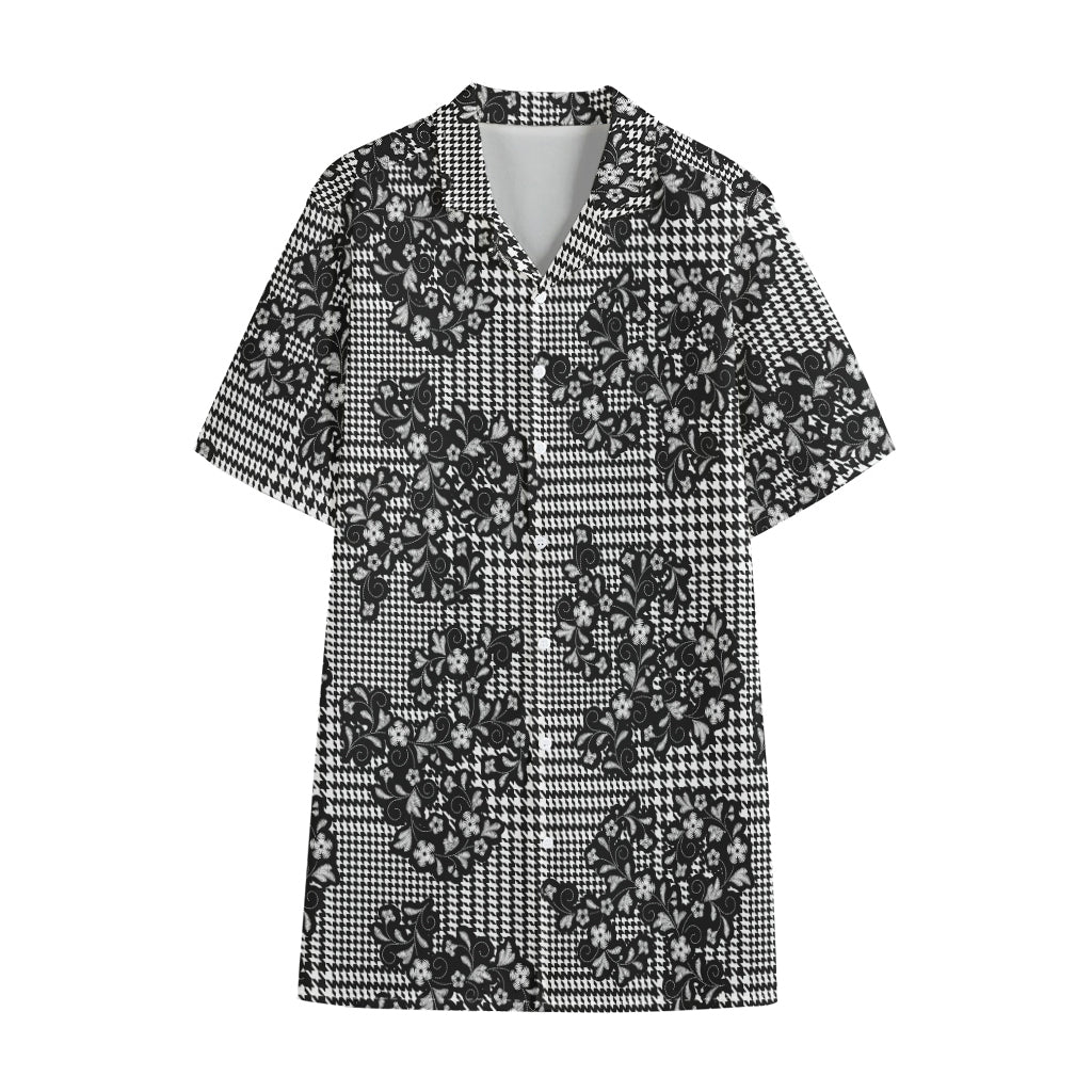 Black And White Floral Glen Plaid Print Cotton Hawaiian Shirt